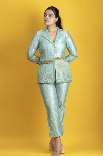 Turquoise banarasi art silk co ord set embellished with fine thread work and pants
