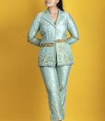Turquoise banarasi art silk co ord set embellished with fine thread work and pants