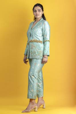 Turquoise banarasi art silk co ord set embellished with fine thread work and pants 2