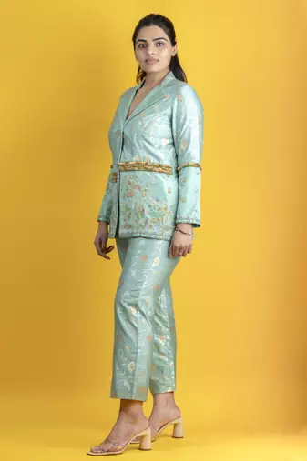 Turquoise banarasi art silk co ord set embellished with fine thread work and pants