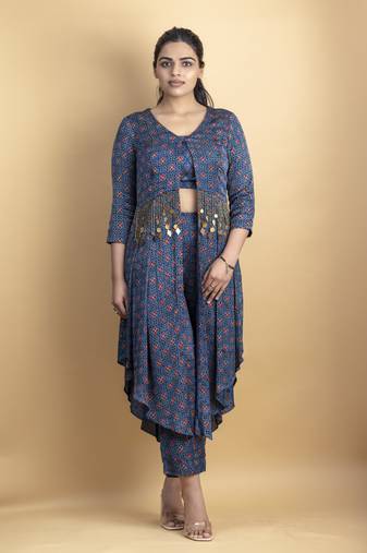 Indigo ajrakh fabric tassel detailing 3 piece fusion set with embellished jacket co ord set