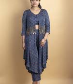 Indigo ajrakh fabric tassel detailing 3 piece fusion set with embellished jacket co ord set