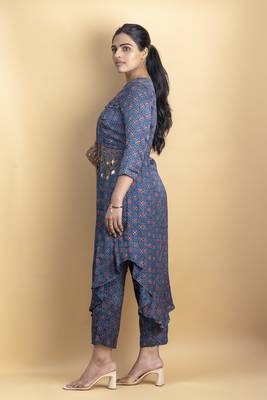 Indigo ajrakh fabric tassel detailing 3 piece fusion set with embellished jacket co ord set 2
