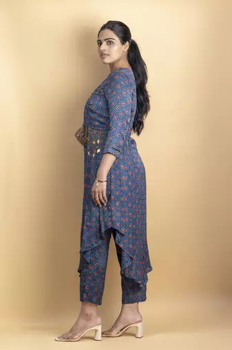 Indigo ajrakh fabric tassel detailing 3 piece fusion set with embellished jacket co ord set