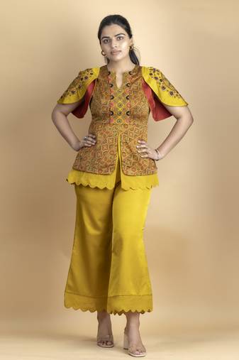Golden mustard threadwork embellished co ord set