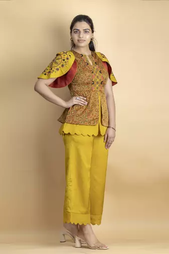 Golden mustard threadwork embellished co ord set