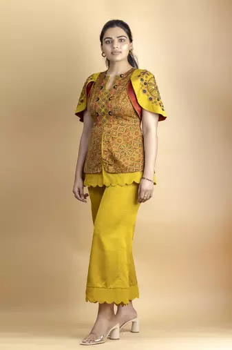 Golden mustard threadwork embellished co ord set