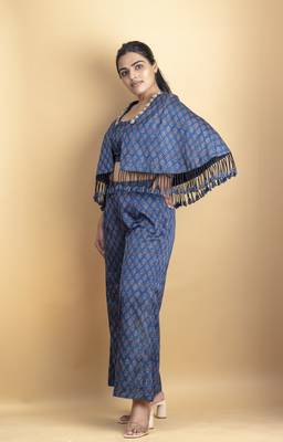 Indigo pure ajrakh fabric embellished 3 piece indowestern co ord set 1