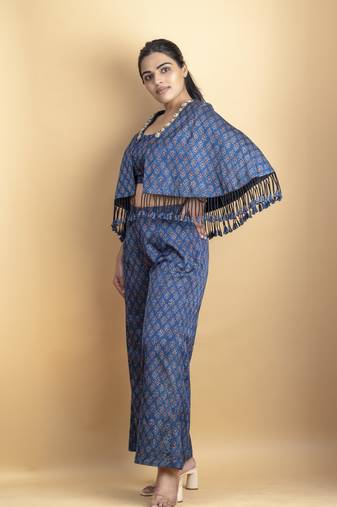 Indigo pure ajrakh fabric embellished 3 piece indowestern co ord set