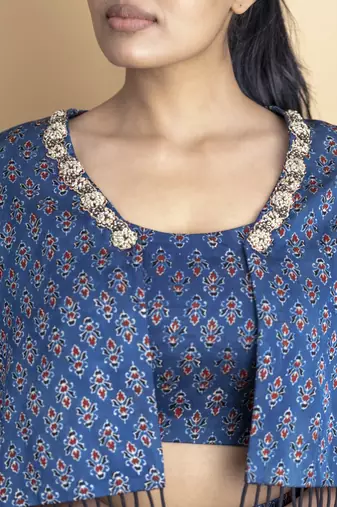 Indigo pure ajrakh fabric embellished 3 piece indowestern co ord set