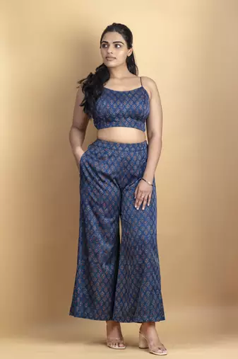Indigo pure ajrakh fabric embellished 3 piece indowestern co ord set