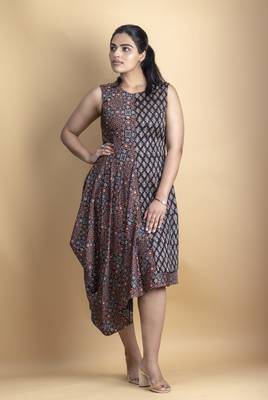 Charcoal black ajrakh fabric asymmetrical calf length drape dress 1