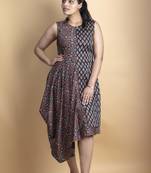 Charcoal black ajrakh fabric asymmetrical calf length drape dress
