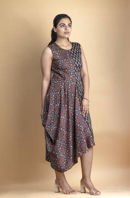 Charcoal black ajrakh fabric asymmetrical calf length drape dress 2