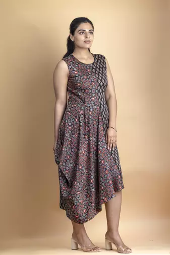 Charcoal black ajrakh fabric asymmetrical calf length drape dress