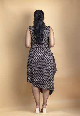 Charcoal black ajrakh fabric asymmetrical calf length drape dress 4