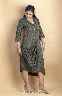 Green asymmetrical tunic dress on pure ajrakh fabric 1