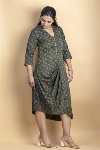 Green asymmetrical tunic dress on pure ajrakh fabric