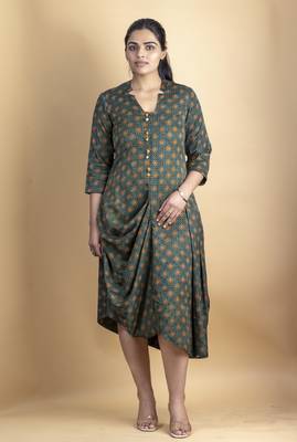 Green asymmetrical tunic dress on pure ajrakh fabric 2