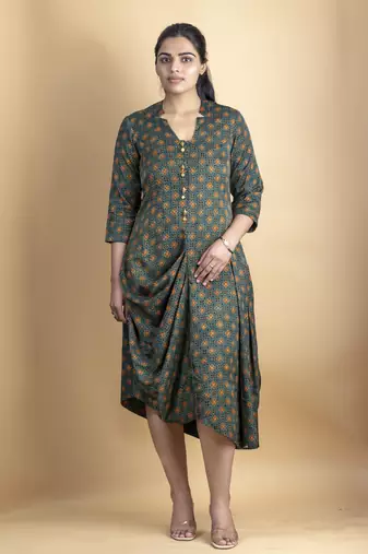 Green asymmetrical tunic dress on pure ajrakh fabric