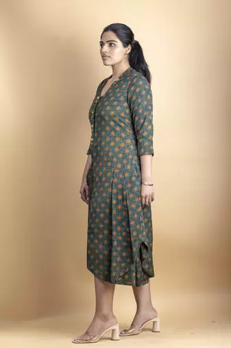 Green asymmetrical tunic dress on pure ajrakh fabric