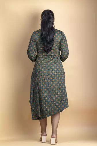 Green asymmetrical tunic dress on pure ajrakh fabric