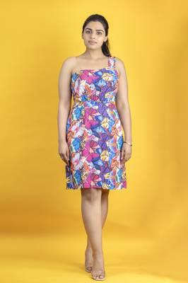 Multicolor digital printed one shoulder cotton linen knee length dress 1