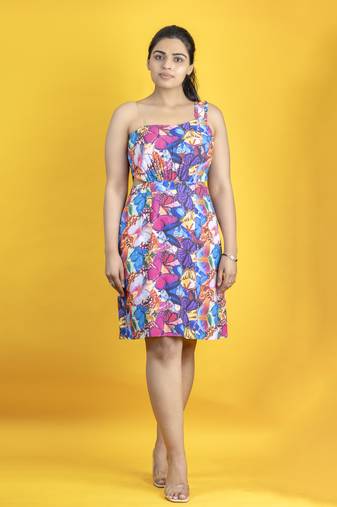 Multicolor digital printed one shoulder cotton linen knee length dress