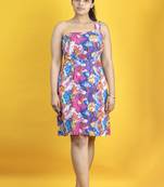 Multicolor digital printed one shoulder cotton linen knee length dress