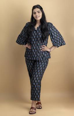 Black co ord set with scalloped neck shirt on pure cotton ajrakh fabric 1