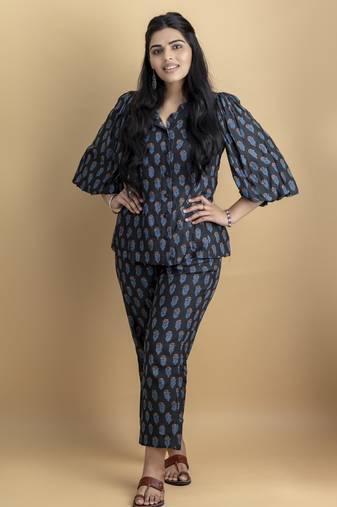 Black co ord set with scalloped neck shirt on pure cotton ajrakh fabric
