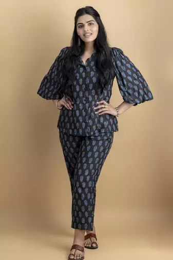 Black co ord set with scalloped neck shirt on pure cotton ajrakh fabric
