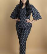 Black co ord set with scalloped neck shirt on pure cotton ajrakh fabric