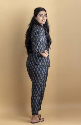 Black co ord set with scalloped neck shirt on pure cotton ajrakh fabric 2