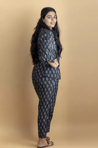 Black co ord set with scalloped neck shirt on pure cotton ajrakh fabric