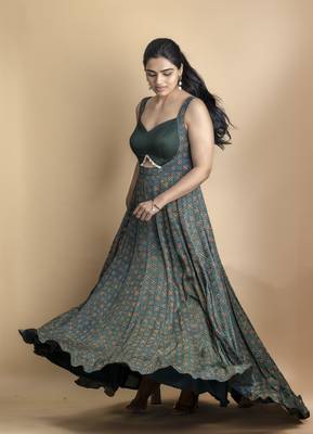 Pine green ajrakh fabric coin detailing floor length flowy gown 1