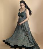 Pine green ajrakh fabric coin detailing floor length flowy gown