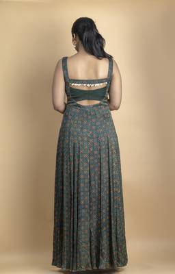 Pine green ajrakh fabric coin detailing floor length flowy gown 2