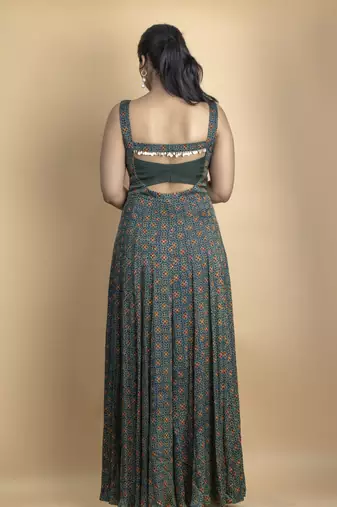 Pine green ajrakh fabric coin detailing floor length flowy gown