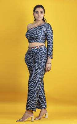 Indigo mashru fabric chevron pattern one shoulder crop top co ord set 1