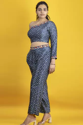 Indigo mashru fabric chevron pattern one shoulder crop top co ord set