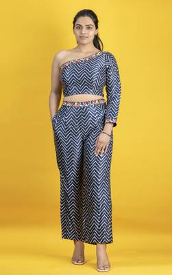 Indigo mashru fabric chevron pattern one shoulder crop top co ord set 2