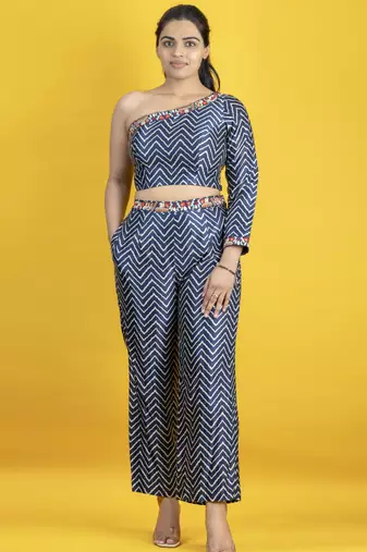 Indigo mashru fabric chevron pattern one shoulder crop top co ord set
