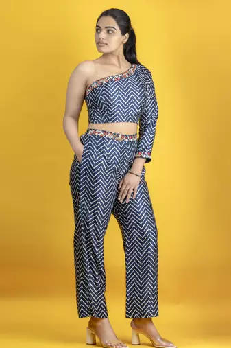 Indigo mashru fabric chevron pattern one shoulder crop top co ord set
