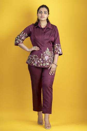 Wine modal silk embellished shirt parsi gara work pants co-ord set