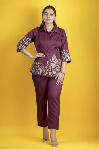 Wine modal silk embellished shirt parsi gara work pants co-ord set