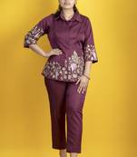 Wine modal silk embellished shirt parsi gara work pants co-ord set