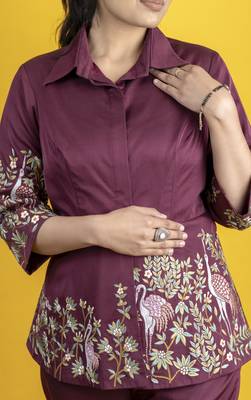 Wine modal silk embellished shirt parsi gara work pants co-ord set 3