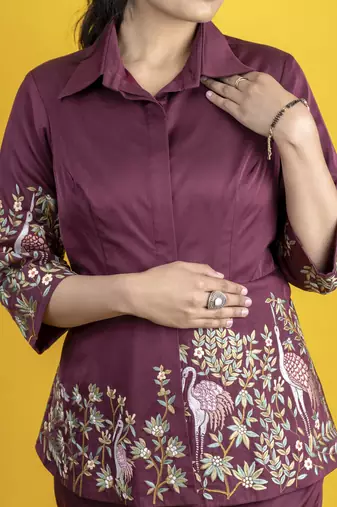 Wine modal silk embellished shirt parsi gara work pants co-ord set