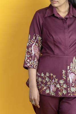 Wine modal silk embellished shirt parsi gara work pants co-ord set 4